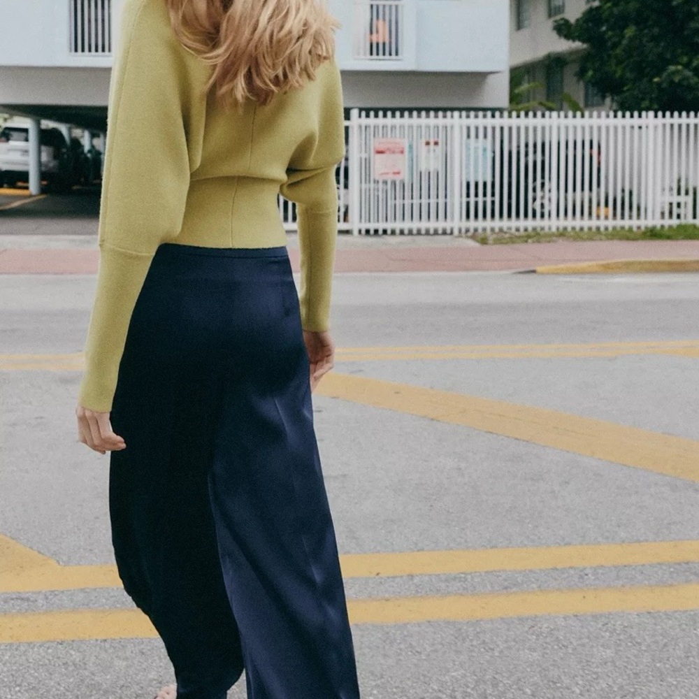 Zara Navy Wide-Leg Satin Pants - Picture 6 of 8